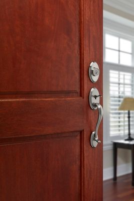 Shelburne Antique Brass Single Cylinder Door Handleset with Juno Door Knob Featuring SmartKey Security