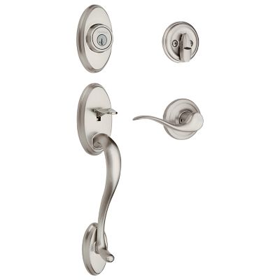 Kwikset Shelburne Satin Nickel Single Cylinder Door Handleset with Tustin Lever featuring SmartKey Security