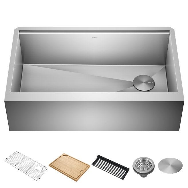 KRAUS Kore Workstation Farmhouse/Apron-Front 33 in. Single Bowl Stainless Steel Kitchen Sink with Accessories