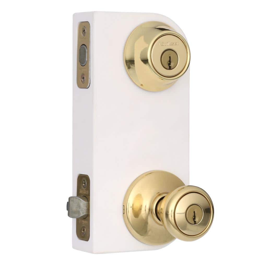 Kwikset Tylo Polished Brass Entry Door Knob & Double Cylinder Deadbolt Combo Pack with Microban Antimicrobial Technology