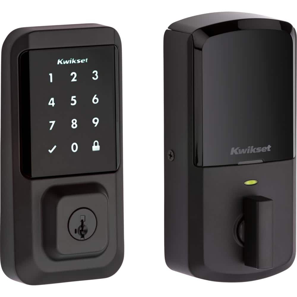 Kwikset Halo Black Single-Cylinder Touchscreen Electronic Deadbolt with Prague Entry Door Handle set Pismo Door Knob Combo Pack