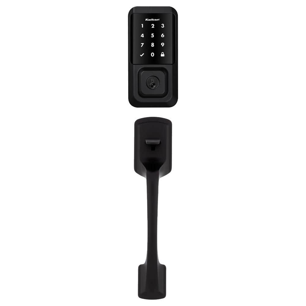 Kwikset Halo Black Single-Cylinder Touchscreen Electronic Deadbolt with Prague Entry Door Handle set Pismo Door Knob Combo Pack