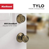 Kwikset Tylo Antique Brass Entry Door Knob and Single Cylinder Deadbolt Combo Pack with Microban Antimicrobial Technology