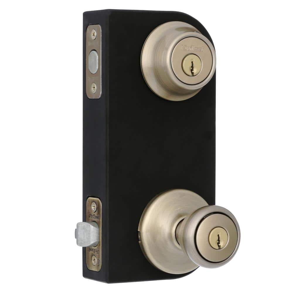 Kwikset Tylo Antique Brass Entry Door Knob and Single Cylinder Deadbolt Combo Pack with Microban Antimicrobial Technology
