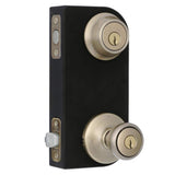 Kwikset Tylo Antique Brass Entry Door Knob and Single Cylinder Deadbolt Combo Pack with Microban Antimicrobial Technology