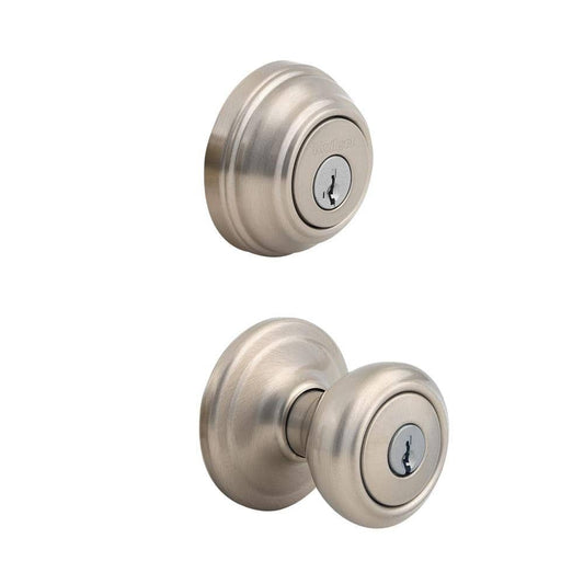 Kwikset Cameron Satin Nickel Exterior Entry Door Knob & Single Cylinder Deadbolt Combo Pack with SmartKey Security