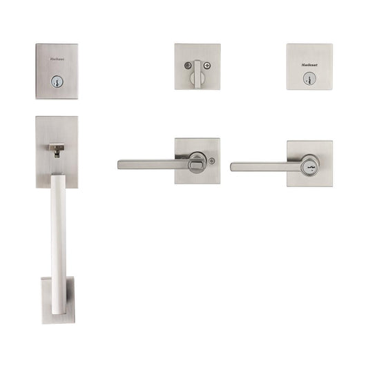 Kwikset San Clemente Satin Nickel Entry Handleset with Halifax Keyed Entry Door Handle Combo Pack