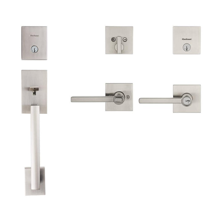 Kwikset San Clemente Satin Nickel Entry Handleset with Halifax Keyed Entry Door Handle Combo Pack