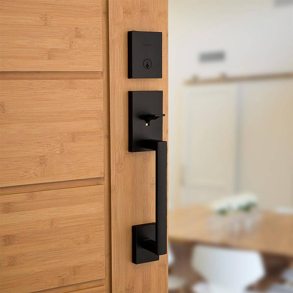 Kwikset San Clemente Matte Black Entry Handleset with Halifax Keyed Entry Door Handle Combo Pack
