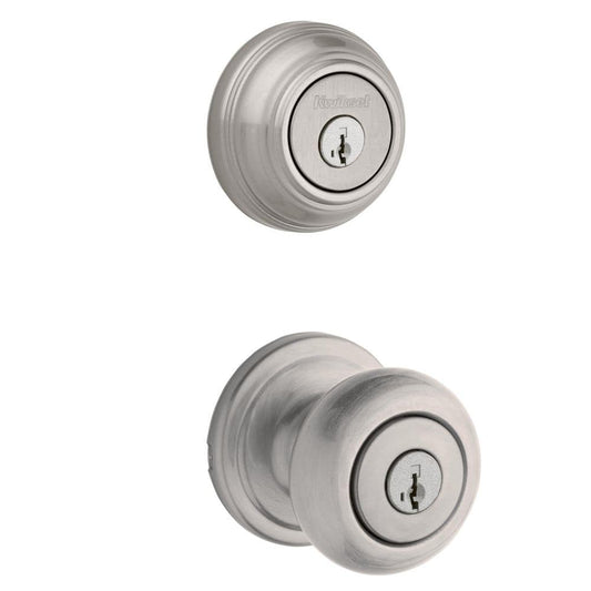 Kwikset Juno Satin Nickel Exterior Entry Door Knob & Double Cylinder Deadbolt Combo Pack with SmartKey Security