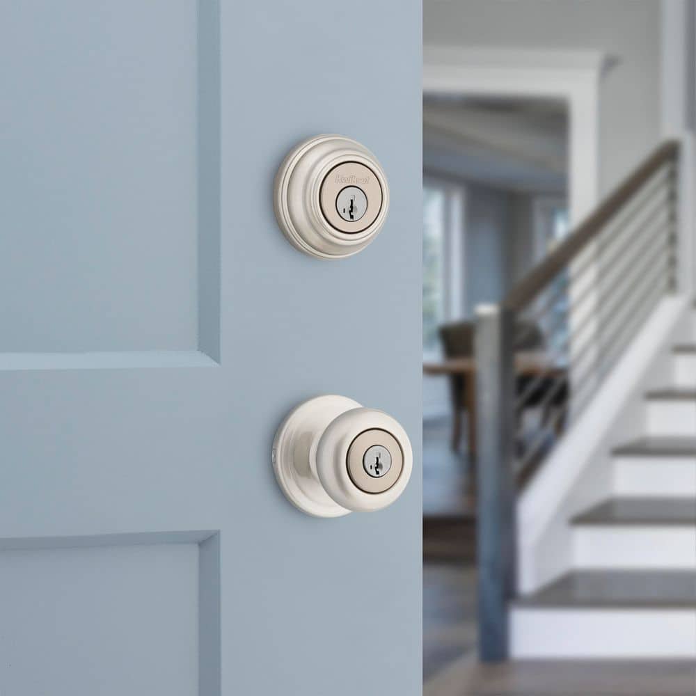 Kwikset Juno Satin Nickel Exterior Entry Door Knob & Double Cylinder Deadbolt Combo Pack with SmartKey Security
