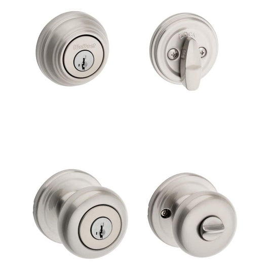 Kwikset Juno Satin Nickel Exterior Entry Door Knob and Single Cylinder Deadbolt Combo Pack with SmartKey Security