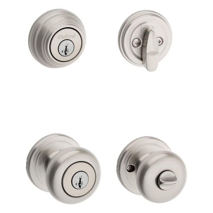 Kwikset Juno Satin Nickel Exterior Entry Door Knob and Single Cylinder Deadbolt Combo Pack with SmartKey Security