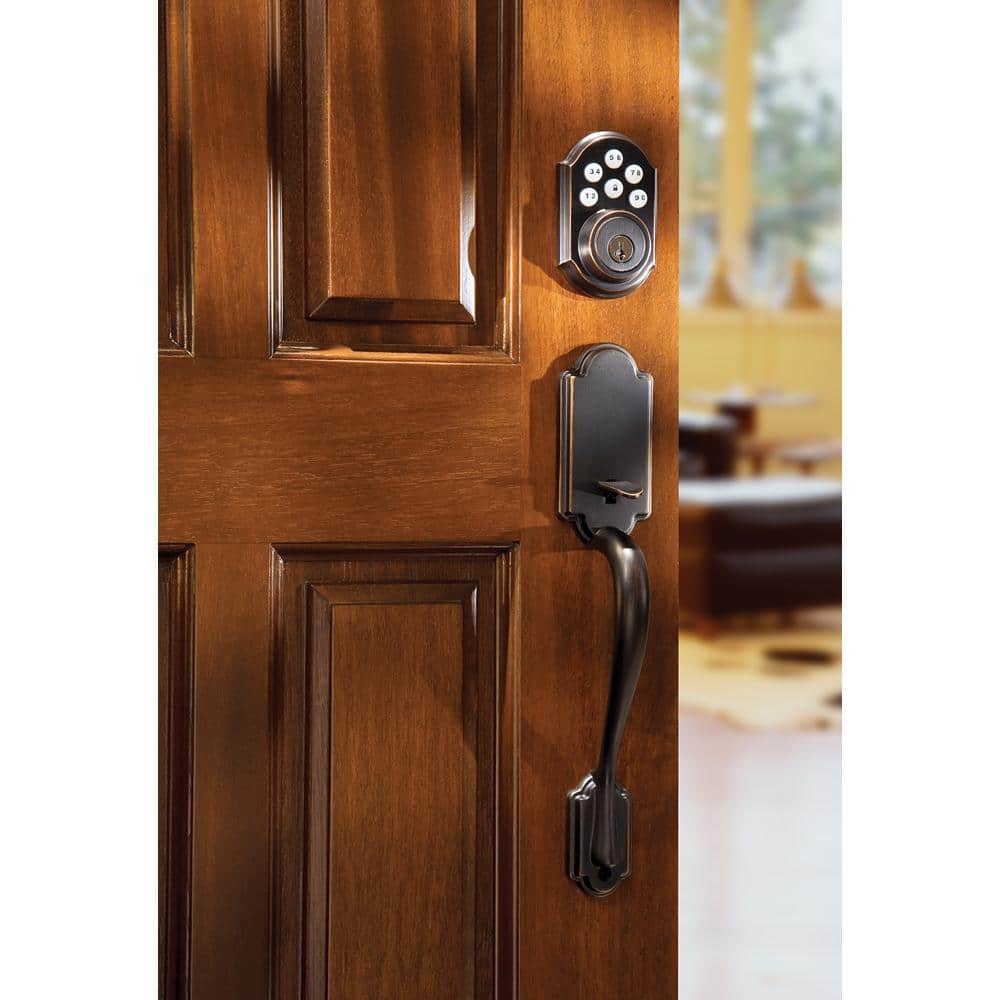 Kwikset Z-Wave SmartCode 910 Venetian Bronze Single Cylinder Electronic Deadbolt featuring Milan Hall/Closet Lever