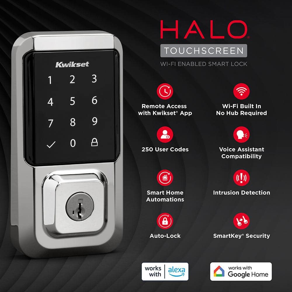 Kwikset HALO Polished Chrome Touchscreen WiFi Keypad Electronic Single-Cylinder Smart Lock Deadbolt featuring SmartKey Security
