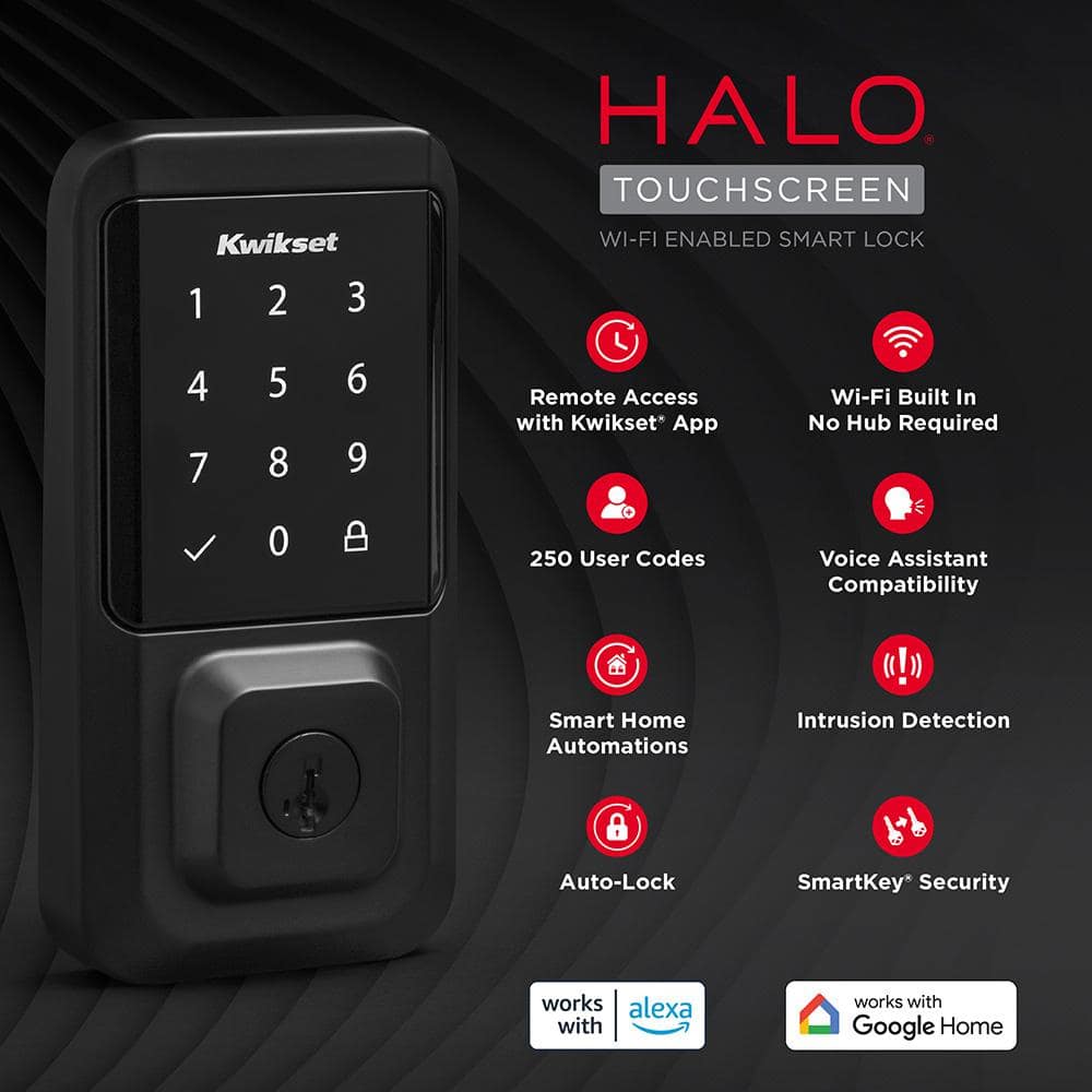 Kwikset HALO Matte Black Touchscreen WiFi Keypad Electronic Single-Cylinder Smart Lock Deadbolt featuring SmartKey Security