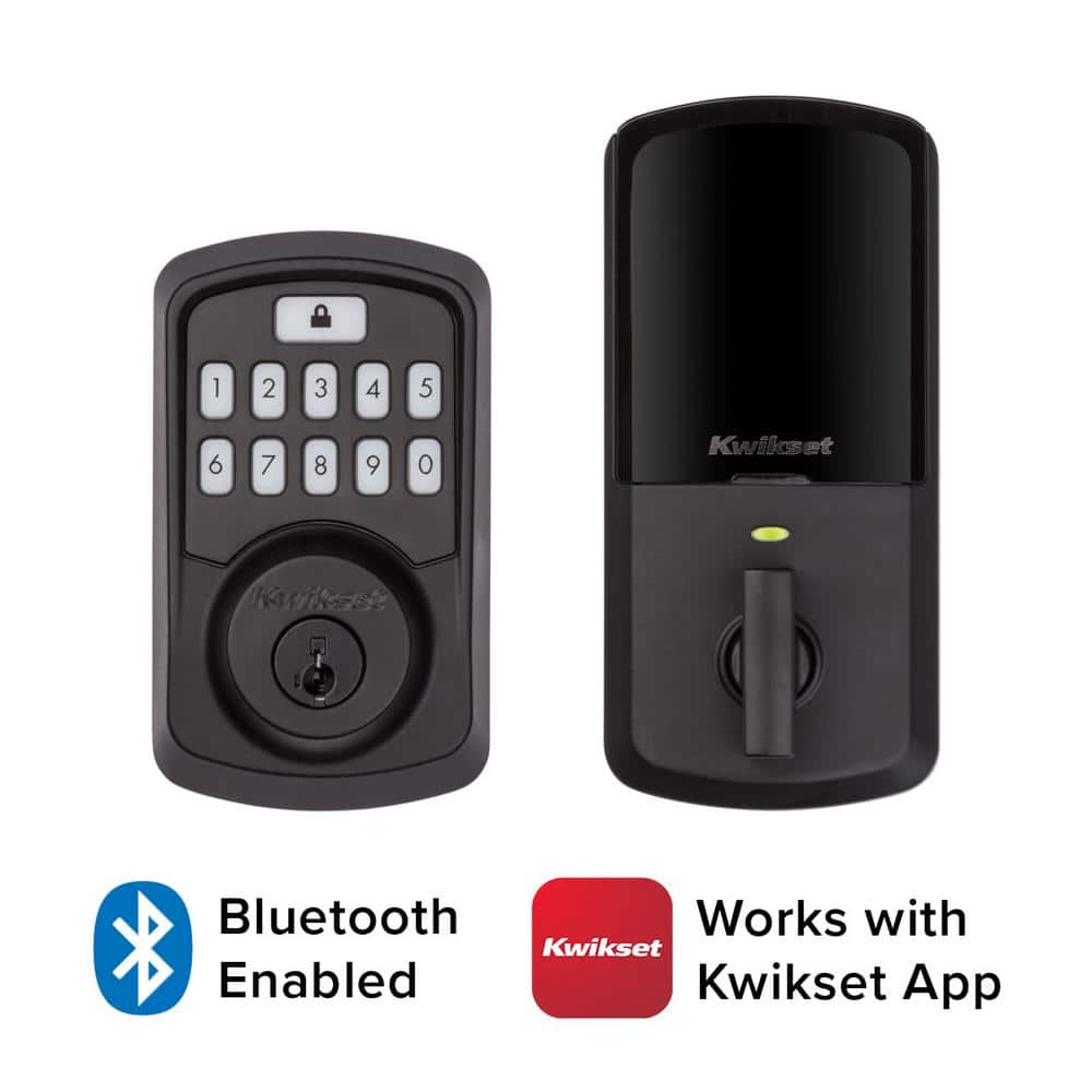 Kwikset Aura Matte Black Single Cylinder Electronic Bluetooth Keypad Smart Lock Deadbolt featuring SmartKey Security