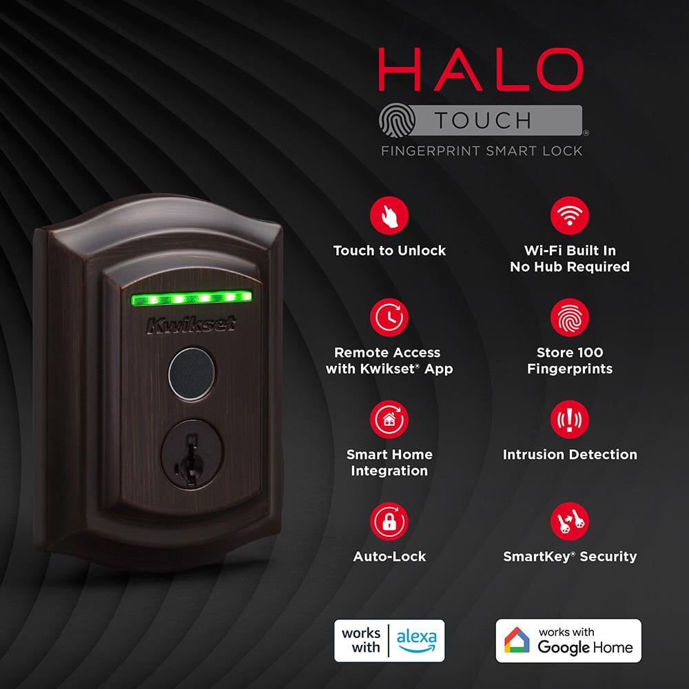 Kwikset Halo Touch Venetian Bronze Traditional Fingerprint Wi‑Fi Electronic Smart Lock Deadbolt with SmartKey Security