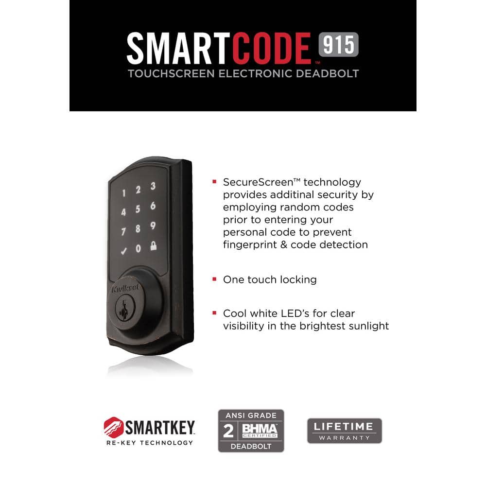 Kwikset SmartCode 915 Touchscreen Venetian Bronze Single Cylinder Electronic Deadbolt with Avalon Handleset and Tustin Lever