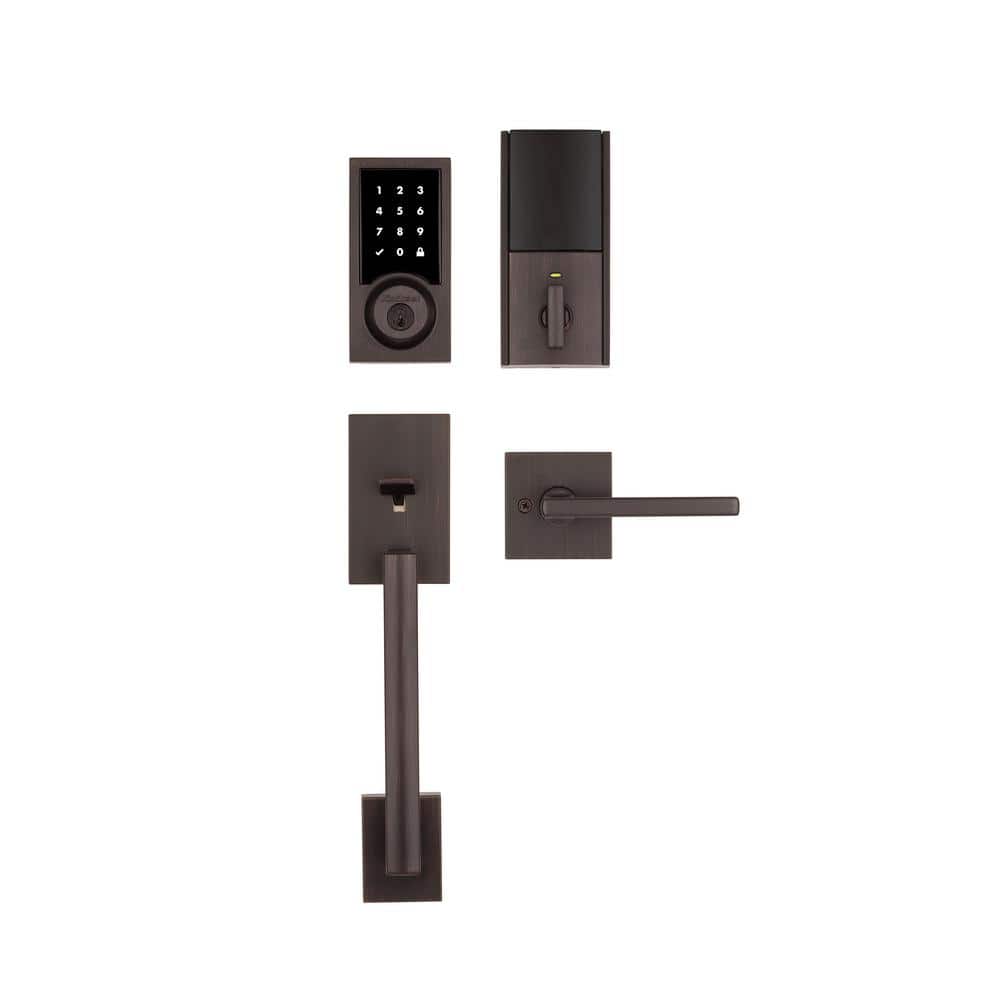 Kwikset SmartCode 915 Contemporary Venetian Bronze Electronic Deadbolt with San Clemente Handle Set and Halifax Interior Lever