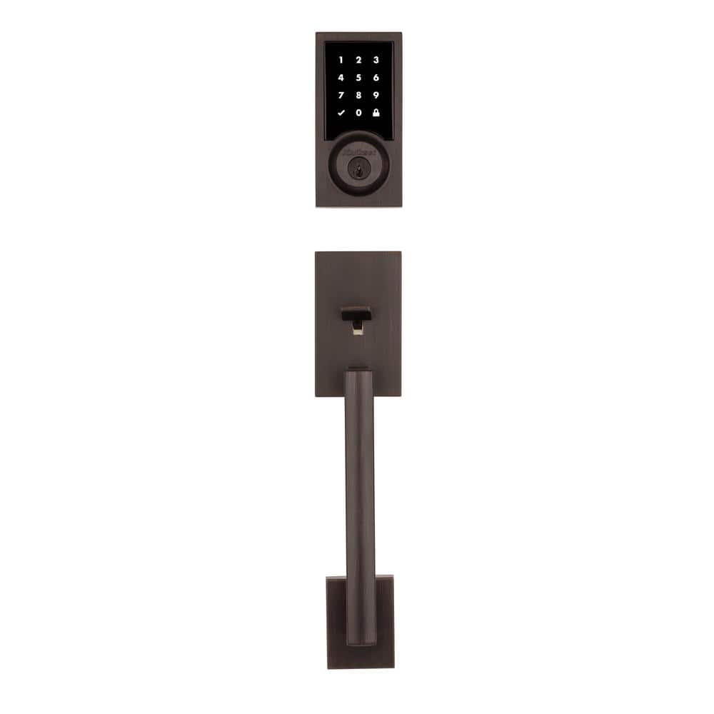 Kwikset SmartCode 915 Contemporary Venetian Bronze Electronic Deadbolt with San Clemente Handle Set and Halifax Interior Lever