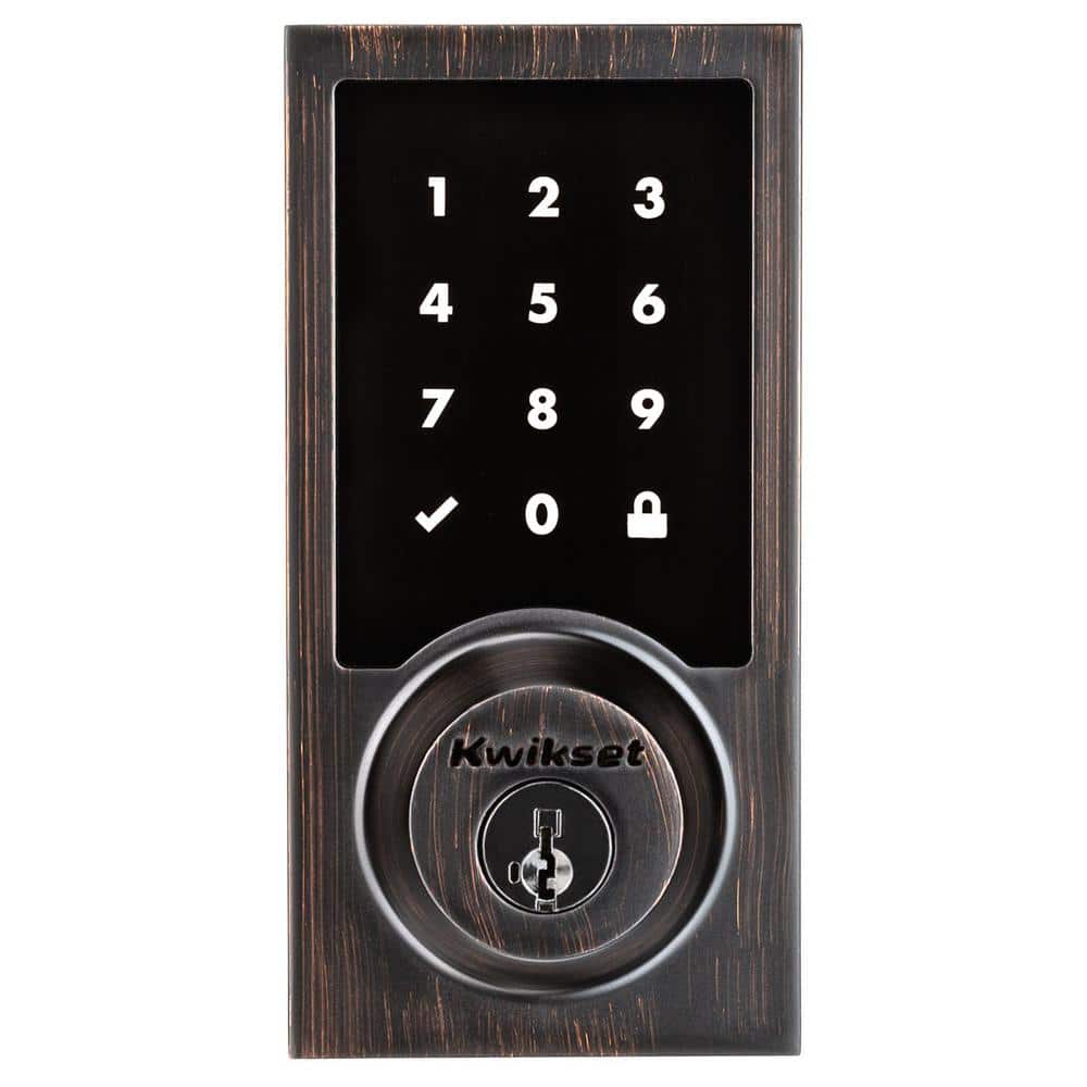 Kwikset SmartCode 915 Contemporary Venetian Bronze Electronic Deadbolt with San Clemente Handle Set and Halifax Interior Lever