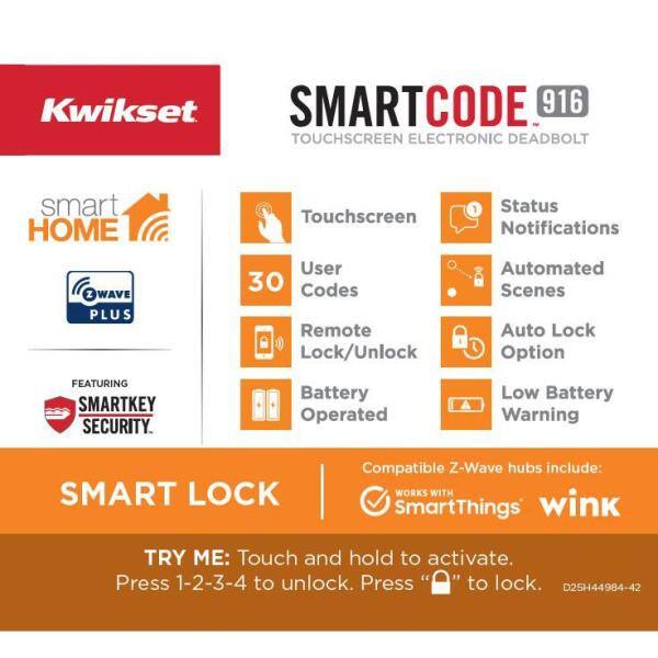 Kwikset Z-Wave SmartCode Touchscreen Satin Nickel Single Cylinder Electronic Deadbolt featuring Tustin Hall/Closet Lever