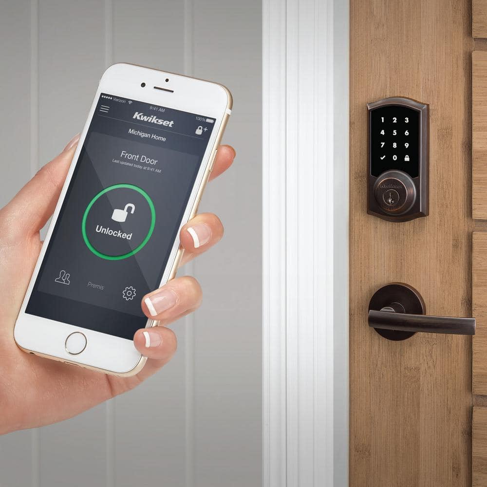 Kwikset Z-Wave SmartCode Touchscreen Satin Nickel Single Cylinder Electronic Deadbolt featuring Tustin Hall/Closet Lever