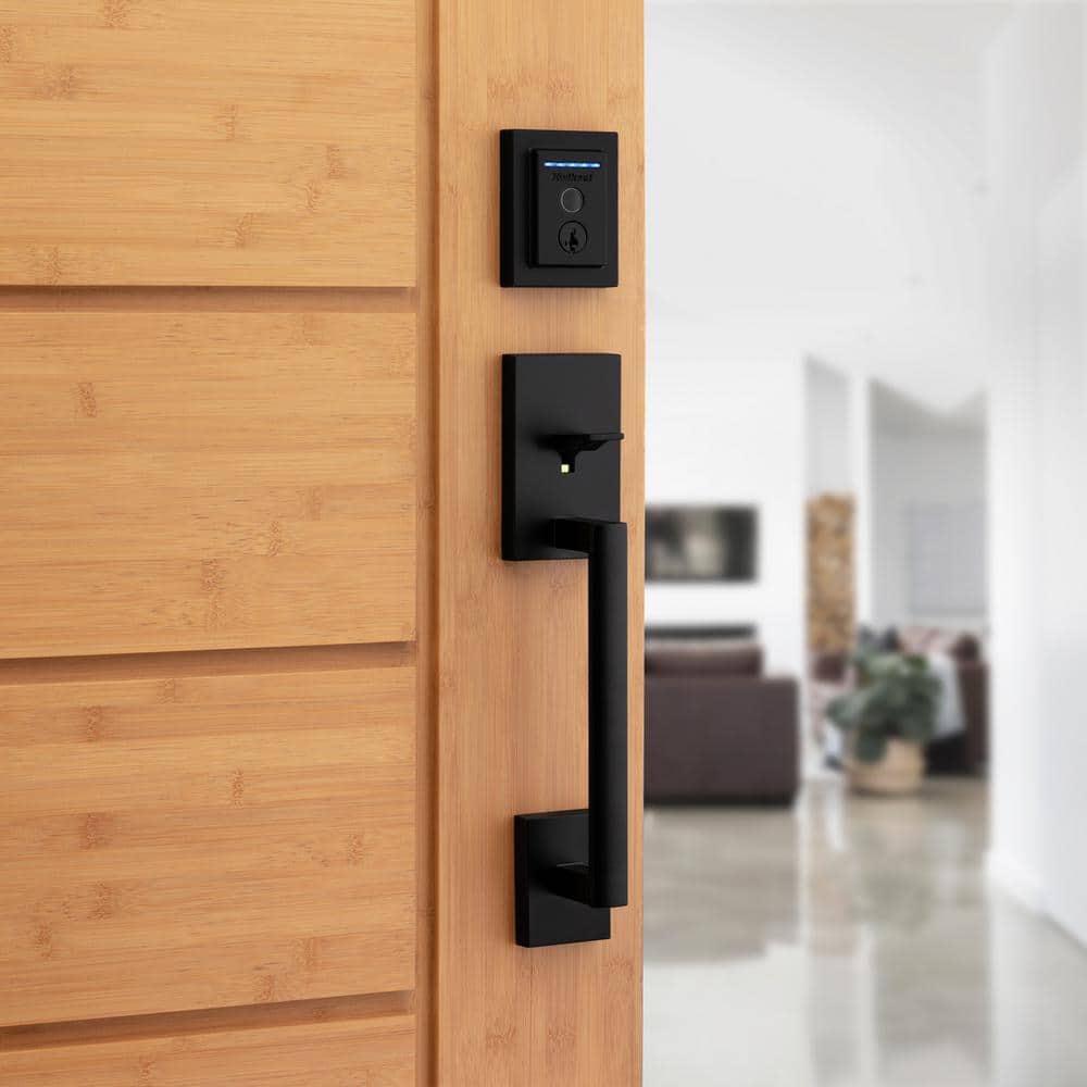 Kwikset Halo Touch Matte Black Fingerprint Wi‑Fi Electronic Smart Lock Deadbolt with SmartKey Security & San Clemente Handleset