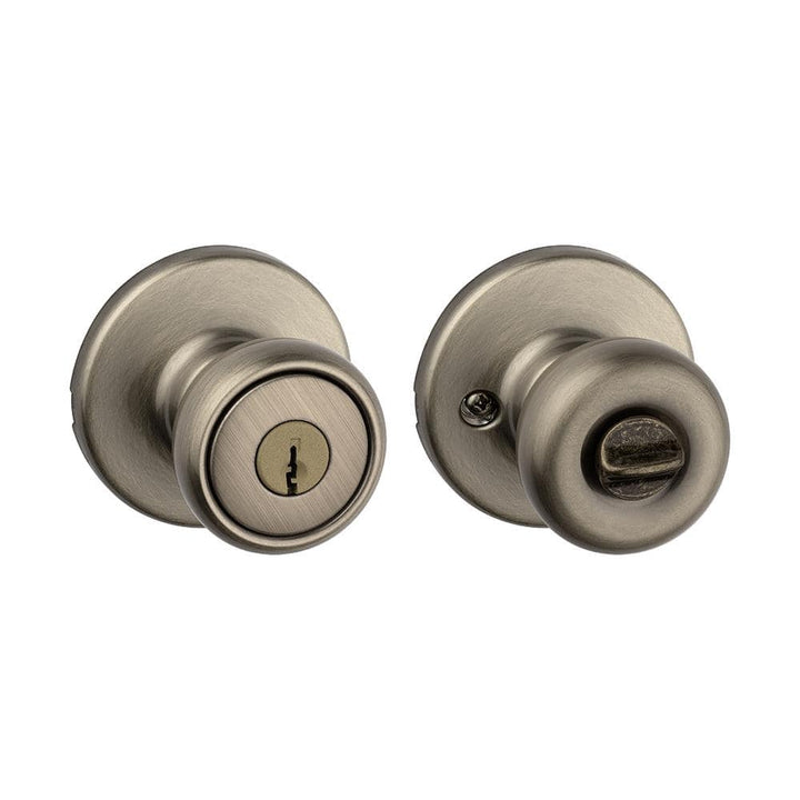 Kwikset Tylo Antique Brass Keyed Entry Door Knob with Microban Antimicrobial Technology