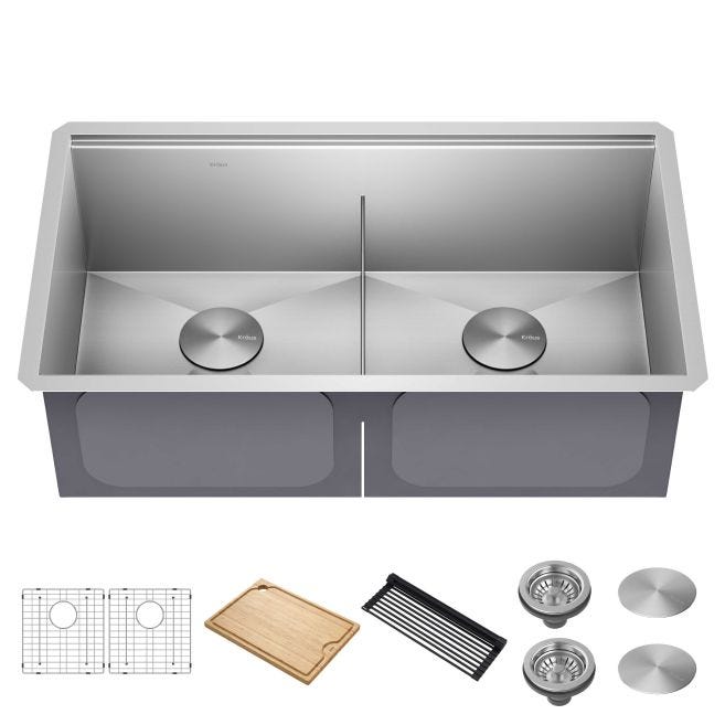 KRAUS Kore Workstation 33 in. Stainless Steel Undermount Double Bowl Kitchen Sink with Integrated Ledge & Accessories
