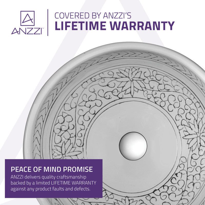 ANZZI Cadence Series 16.1-in Round Bathroom Vessel Sink, Décor White, Deco-Glass, Pop-Up Drain Included