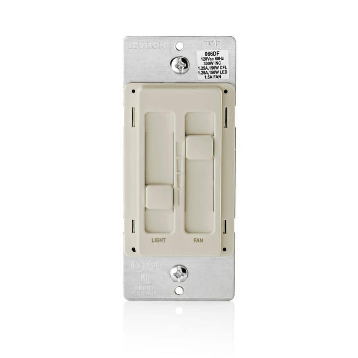 Leviton SureSlide 1.5 Amp Dual Quiet Fan and Light Control, 120V, for 150W LED/300W Incandescent & Halogen, Light Almond