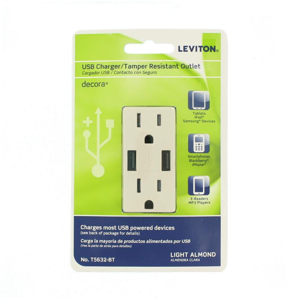Leviton 3.6A USB Dual Type A In‑Wall Charger with 15 Amp Tamper‑Resistant Outlets, Light Almond