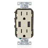 Leviton 3.6A USB Dual Type A In‑Wall Charger with 15 Amp Tamper‑Resistant Outlets, Light Almond