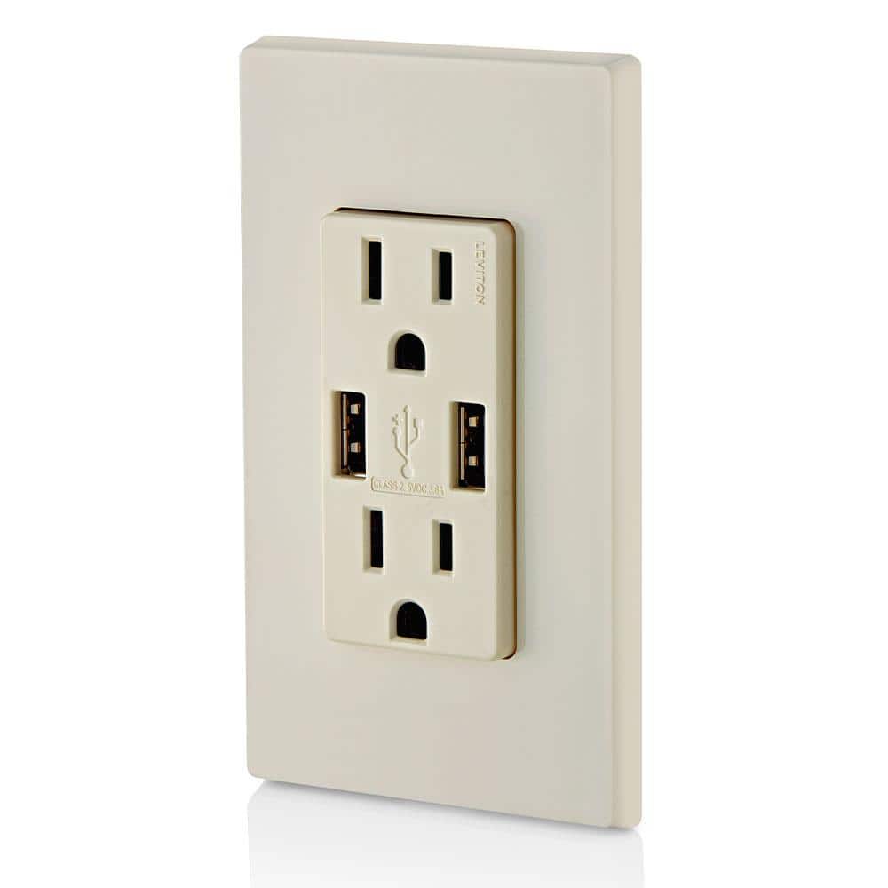 Leviton 3.6A USB Dual Type A In‑Wall Charger with 15 Amp Tamper‑Resistant Outlets, Light Almond
