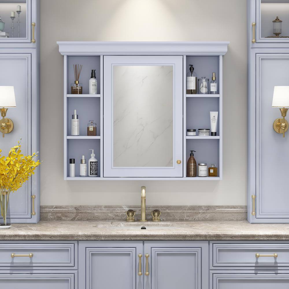 Light Blue 35 in. W x 28 in. H Rectangular Bathroom Medicine Cabinet with Mirror, Wall Mirror Cabinet with Open Shelves