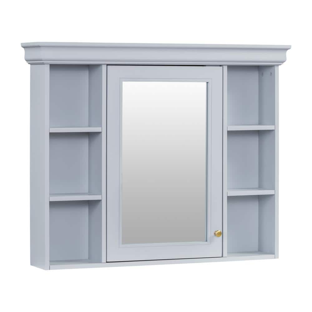 Light Blue 35 in. W x 28 in. H Rectangular Bathroom Medicine Cabinet with Mirror, Wall Mirror Cabinet with Open Shelves