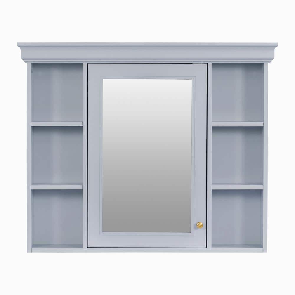 Light Blue 35 in. W x 28 in. H Rectangular Bathroom Medicine Cabinet with Mirror, Wall Mirror Cabinet with Open Shelves
