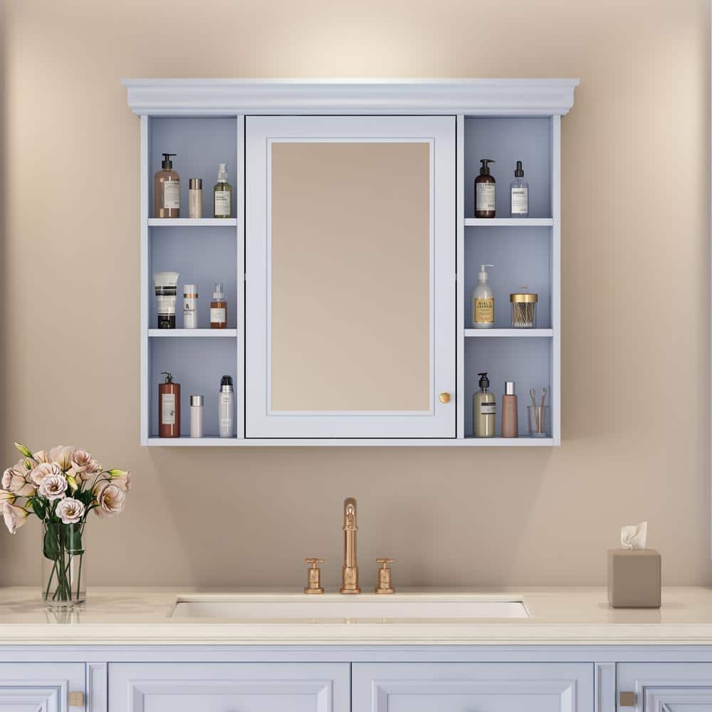 Light Blue 35 in. W x 28 in. H Rectangular Bathroom Medicine Cabinet with Mirror, Wall Mirror Cabinet with Open Shelves
