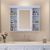 Light Blue 35 in. W x 28 in. H Rectangular Bathroom Medicine Cabinet with Mirror, Wall Mirror Cabinet with Open Shelves