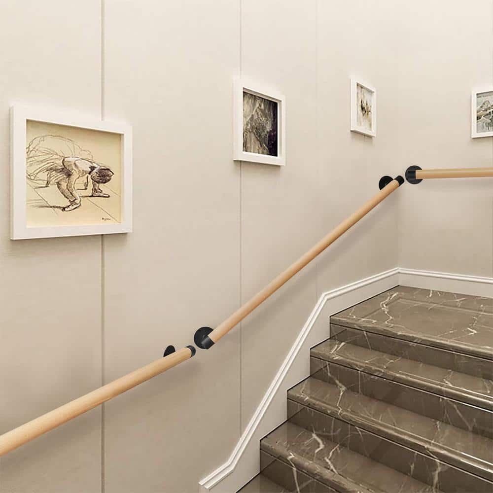 Angel Sar 3 ft. Wood Modern Stair Hand Railing with Black Sturdy Metal Brackets for Elderly Kids