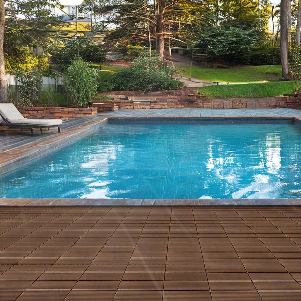 Afoxsos 1 ft. x 1 ft. Plastic Composite Deck Tile Set, All-Weather Easy to DIY and Maintain, Light Coffee (35-Pack)