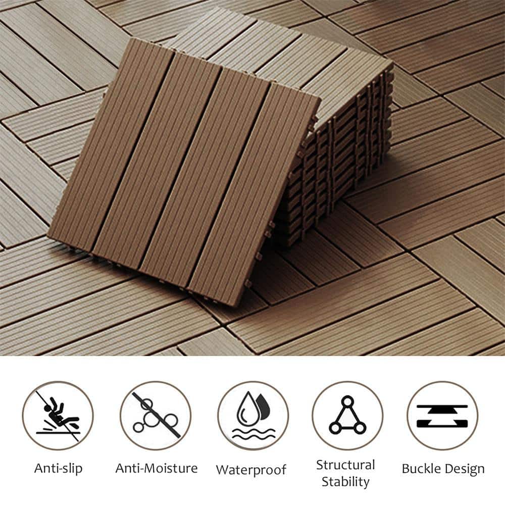 Afoxsos 1 ft. x 1 ft. Plastic Composite Deck Tile Set, All-Weather Easy to DIY and Maintain, Light Coffee (35-Pack)