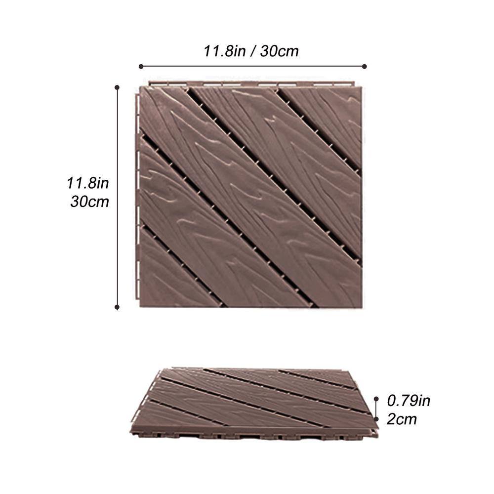 GOGEXX 12 in. W x 12 in. L Outdoor Diagonal Stripe Plastic Composite Flooring Deck Tiles (35 per box), Light Coffee