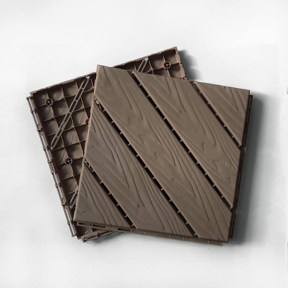 GOGEXX 12 in. W x 12 in. L Outdoor Diagonal Stripe Plastic Composite Flooring Deck Tiles (35 per box), Light Coffee