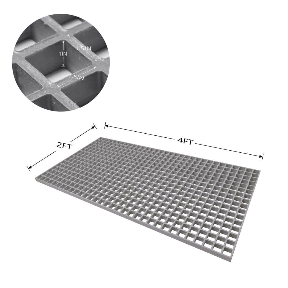 Wellco 2 ft. x4 ft. x1 in.Fiberglass Molded Grating Composite for Floors Outdoor Drain Cover,Paver,1.5 x1.5 x1in, Gray, Gritted