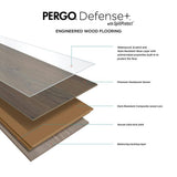 Pergo Defense+ Linen Oak 3/8 in. T x 7.5 in. W Click Lock Distressed Engineered Hardwood Flooring (1104.3 sq.ft./pallet)