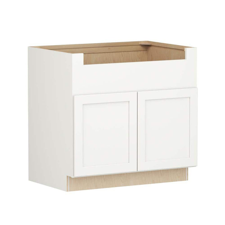 SIMPLY WOODMARK PRO Shaker Full Overlay 36 in. W x 24 in. D x 34.5 in. H Plywood Assembled Deep Sink Base Kitchen Cabinet in Linen White