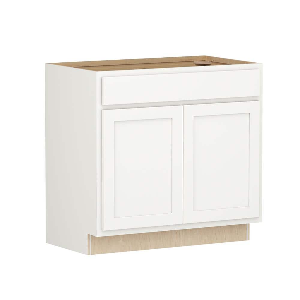 SIMPLY WOODMARK PRO Shaker Partial Overlay 36 in W x 20.75 in D x 34.5 in H Plywood Assembled Vanity Sink Base Bath Cabinet in Linen White